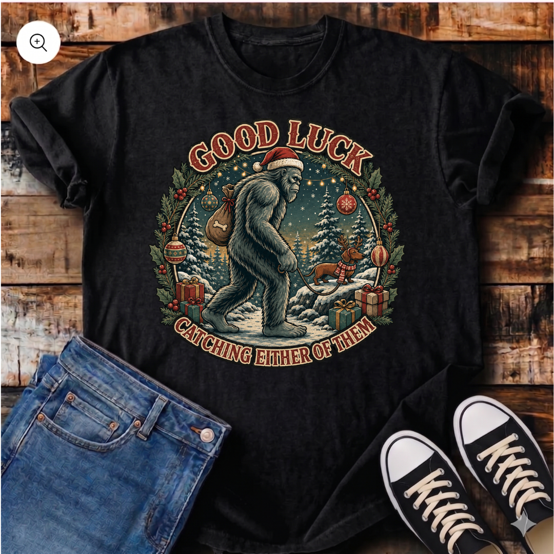 Bigfoot and Christmas Dachshund T-Shirt