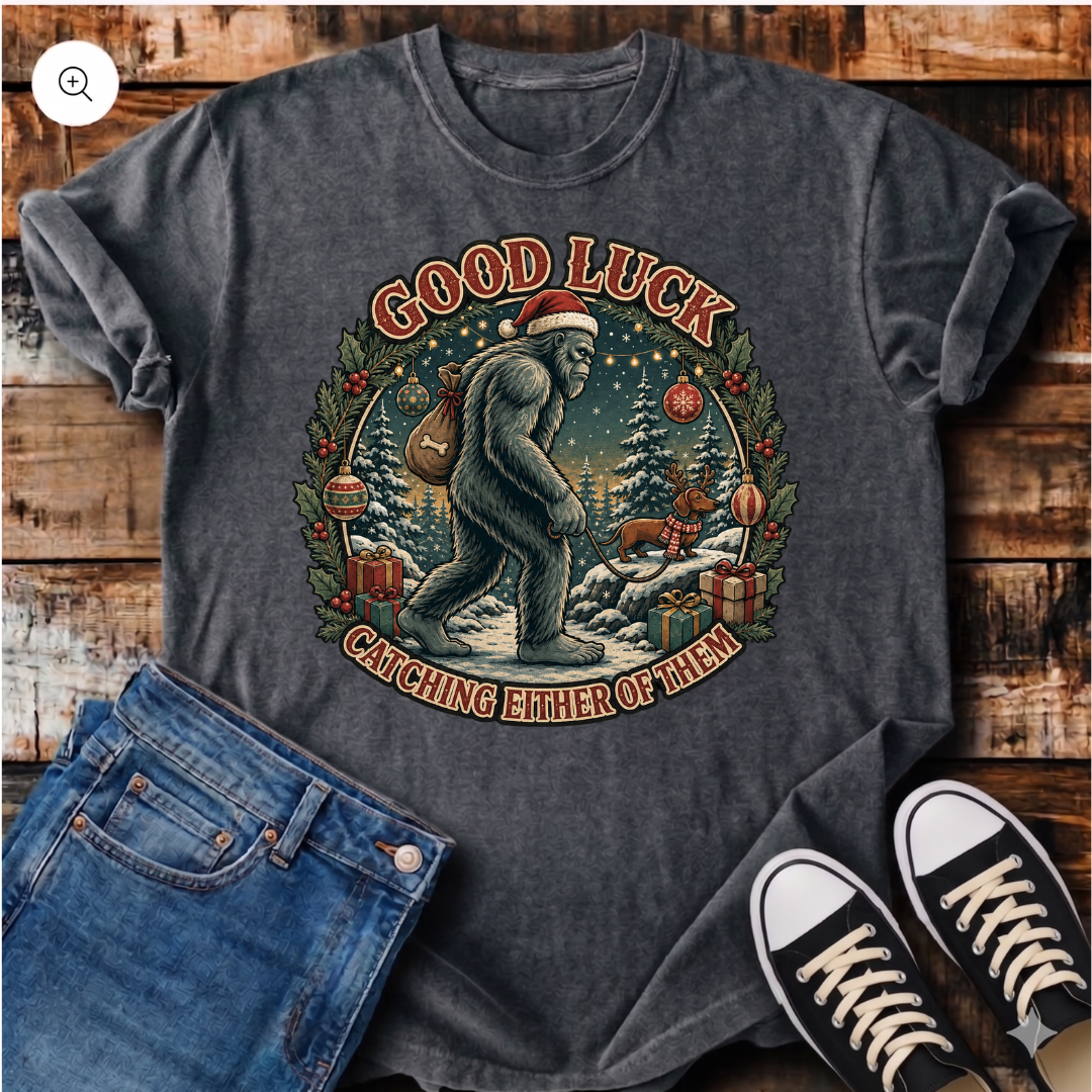 Bigfoot and Christmas Dachshund T-Shirt